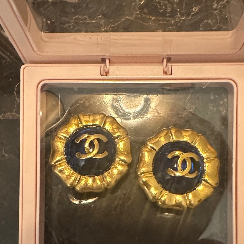 CHANEL Gold and Black Logo Earrings